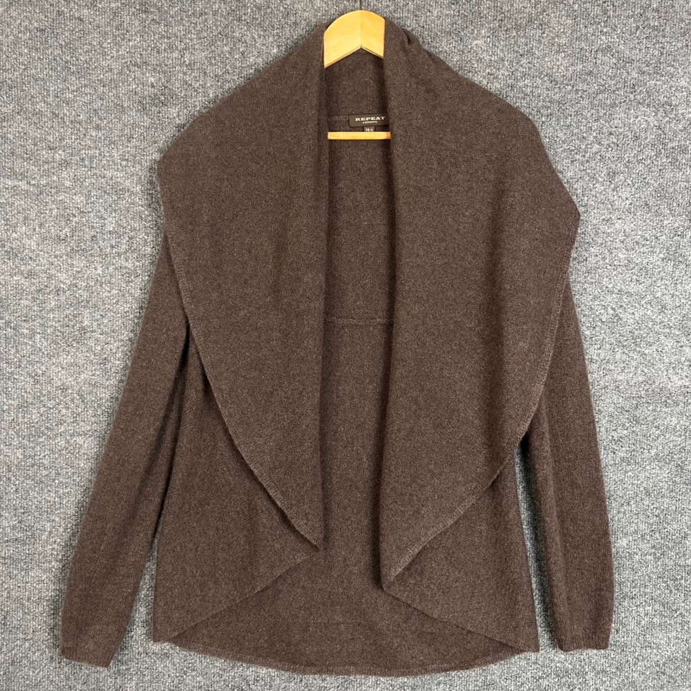 Repeat Cashmere Cardigan Womens S Brown Excellent Drape Open Front Shawl Collar